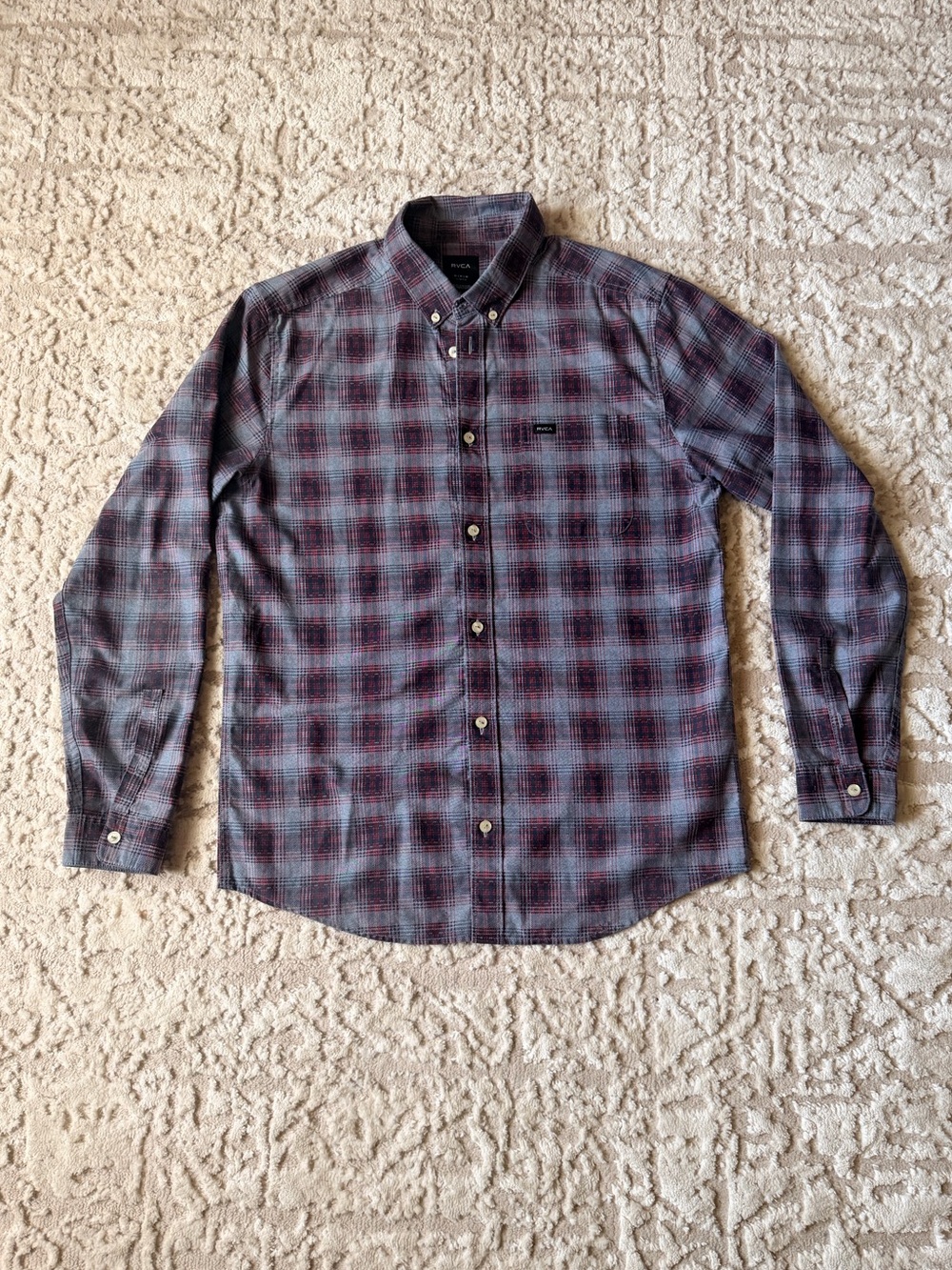 RVCA Men's Plaid Button-Down Shirt in Burgundy and Gray